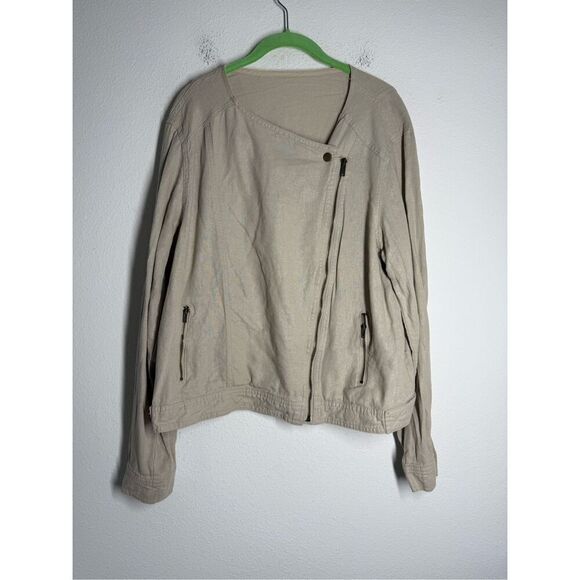 GAP Solid Tan Fitted Linen Moto Shine Jacket Lightweight Sz L Full Zip *Notes - Picture 1 of 13